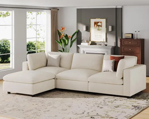 Miniatura 24 de VANOMi Sofá modular, cómodo sofá con marco de madera maciza de 3 asientos, sofá moderno certificado FSC para sala de estar, beige