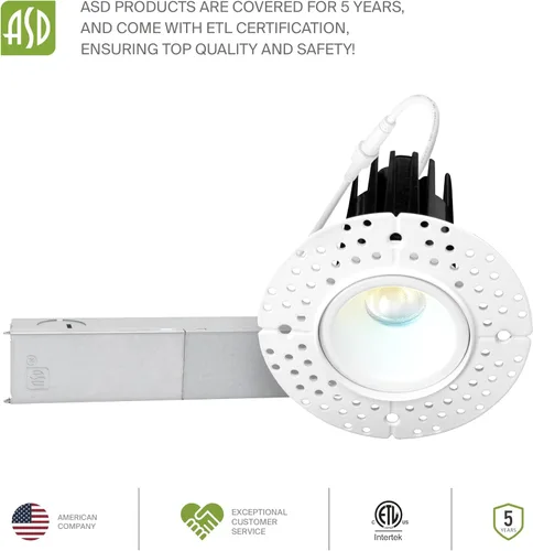 Miniatura 9 de ASD Luces LED empotrables sin moldura de 1 pulgada, 7W 120V Triac redondas para uso comercial, iluminación regulable sin lata para techo con caja