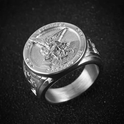 Miniatura 4 de HZMAN - Anillo de San Miguel, El Gran Arcángel protector derrotando a Satanás, estatuilla de acero inoxidable