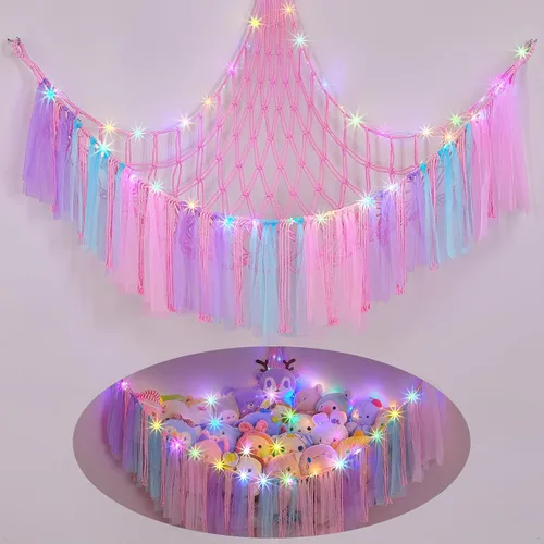 Miniatura 13 de FIOBEE Red de Animales de Peluche o Hamaca con Luz LED, Hamaca de Juguetes Colgante Organizador de Almacenamiento Soporte para Animales de Peluche