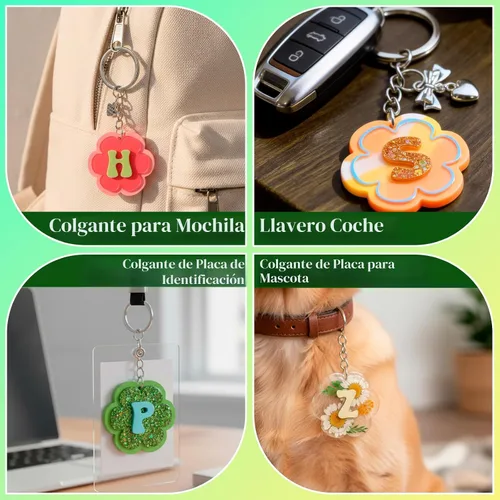 Miniatura 8 de LET'S RESIN Moldes de resina para llavero de silicona con agujero, 27 cavidades de flores, alfabeto, resina UV, kit de moldes para principiantes