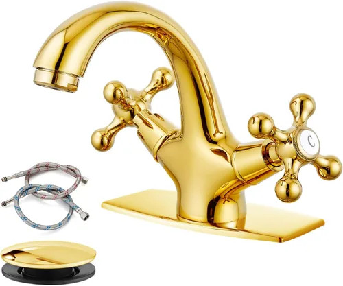Miniatura 10 de gotonovo Grifo de lavabo de baño de un solo agujero, doble mango cruzado, pomos mezcladores para lavabo con drenaje desplegable y placa de cubierta