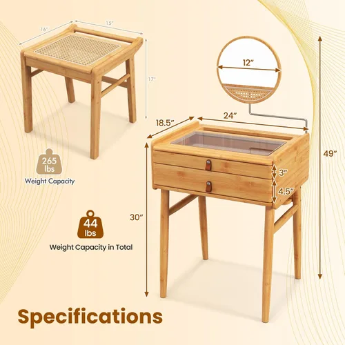 Miniatura 7 de Juego de tocador bohemio con espejo, mesa de tocador de maquillaje de bambú y taburete con 2 cajones de almacenamiento y mesa de vidrio templado