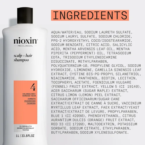 Miniatura 8 de Nioxin System 4 Champú Espesante para Cuero Cabelludo + Cabello para Cabello Teñido, Seco y Dañado con Adelgazamiento Progresivo Mantiene