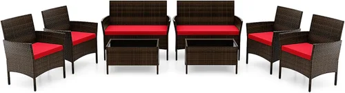 Miniatura 19 de RELAX4LIFE Juego de muebles de patio de 4 piezas – Juego de muebles de ratán para conversación al aire libre con cojines, mesa de centro de cristal