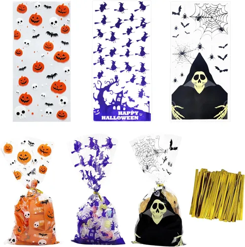 150 bolsas de golosinas de Halloween, bolsas de celofán de Halloween con lazos giratorios para suministros de fiesta de Halloween