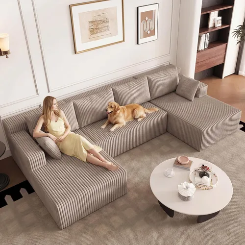 Miniatura 30 de Sofá modular de 95 pulgadas con otomana, moderno sofá nube de pana con asiento profundo, sofá sin hueso tapizado de 3 plazas en forma de U para sala