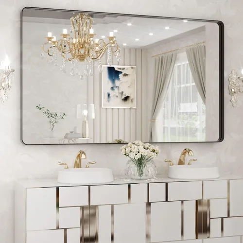 Miniatura 23 de WEER - Espejo de baño dorado, espejo de 40x32 pulgadas con marco de metal dorado cepillado, espejo de tocador de baño de oro para pared