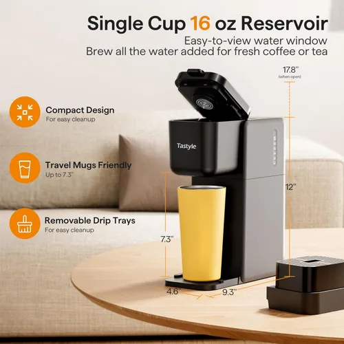 Miniatura 4 de Tastyle Cafetera de una sola porción para taza K, hojas molidas y de té, máquinas de café caliente y helado con ajuste atrevido, tamaños