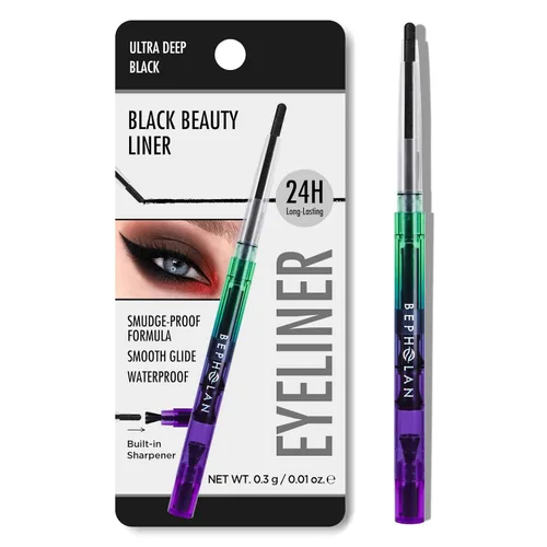 BEPHOLAN Lápiz delineador de ojos de gel negro, impermeable, a prueba de manchas, delineador de ojos mate de larga duración, retráctil con afilador