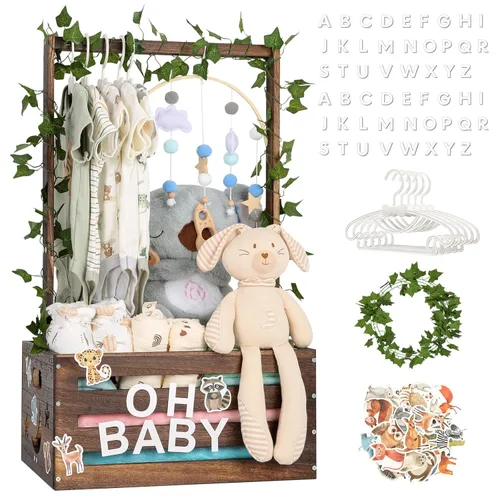 Miniatura 10 de Cesta de regalo para baby shower, caja de madera, letras de madera personalizadas y perchas para ropa recién nacido, regalos para bebés, niñas