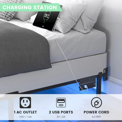 Miniatura 6 de QEROMY Base de cama matrimonial para somier, marco de cama de metal de 7 pulgadas con luces LED, base de cama de soporte de 9 patas, fácil montaje