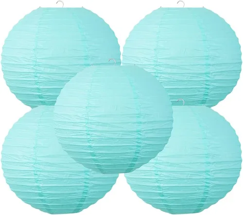 Linternas de papel de estilo chino, juego de 5, adecuadas para decoración de fiestas (azul claro, 12 pulgadas)