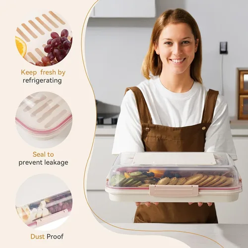 Miniatura 3 de Recipiente de almacenamiento de alimentos con tapa para tabla de cortar, bandeja de aperitivos con compartimento para bolsa de hielo y divisor Crema