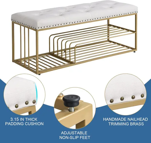Miniatura 3 de Banco de lino con almacenamiento de zapatos de entrada con asiento acolchado copetudo, banco otomano con marco mental dorado para dormitorio, Beige
