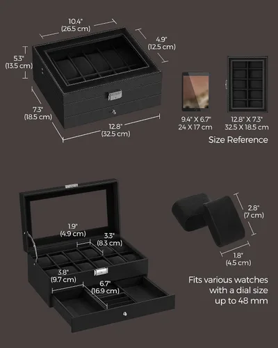 Miniatura 84 de SONGMICS UJWB012 - Caja de reloj de 12 ranuras, caja de reloj con cerradura con tapa de vidrio, 2 capas, con 1 cajón para anillos, pulseras, idea