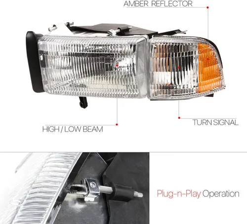 Miniatura 5 de 2 faros delanteros cromados para Dodge Ram 1500 1994 1995 1996 1997 1998 1999 2000 2001 faros delanteros 94-02 Ram 2500 3500 (modelos no deportivos)