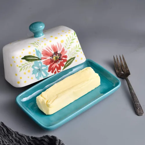 Miniatura 6 de Mantequillera de cerámica con tapa con tapa para mantequilla con tapa para encimera de mantequilla de flores