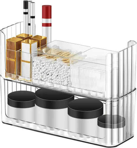 Poeland Paquete de 2 bandejas organizadoras de maquillaje apilables, vitrina transparente para cosméticos con 2 estuches para lápices labiales y 2