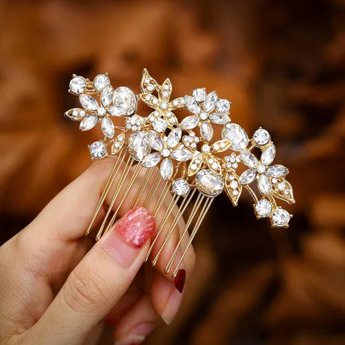 Miniatura 8 de Foyte Peine de pelo de novia de cristal, tocados de novia con flores plateadas, piezas de pelo de hoja con diamantes de imitación, peines laterales