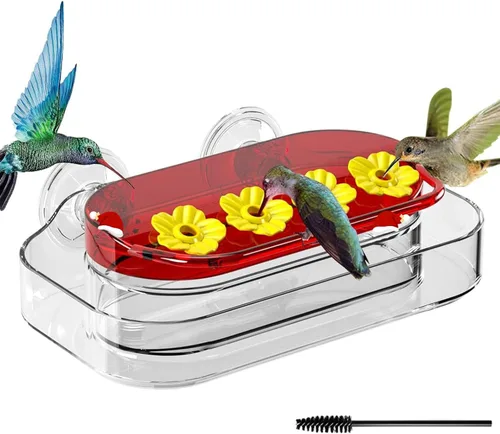 Redboat Comedero para colibríes con ventosa fuerte, con 4 puertos de alimentación, fácil de limpiar y rellenar, comedero de plástico para colibríes,