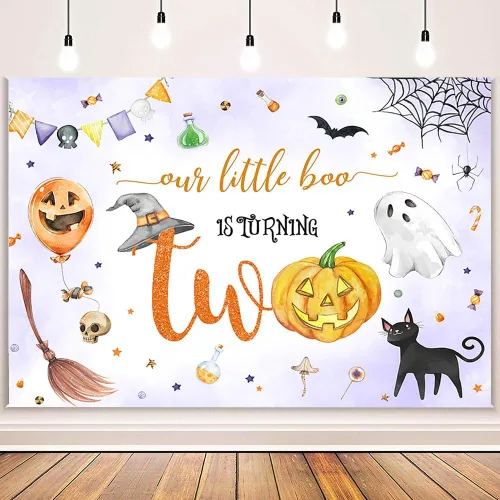 Miniatura 2 de MEHOFOND Telón de fondo de Halloween Spooktacular de 2º cumpleaños con texto en inglés "Our Little Boo is Turning Twing", lindo fantasma para fiesta
