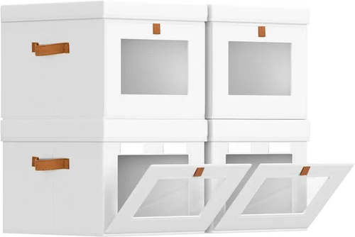 Miniatura 16 de Homsorout Contenedores de almacenamiento con tapa, organizador de armario con apertura lateral y ventana transparente, cesta plegable de tela Beige