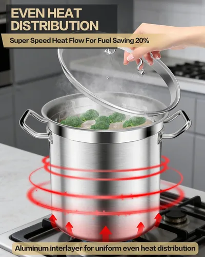 Miniatura 4 de STOCKPOT Olla de acero inoxidable de 20 cuartos de galón con tapa de vidrio templado, base de 3 capas, 8.8 libras, acabado pulido, adecuada