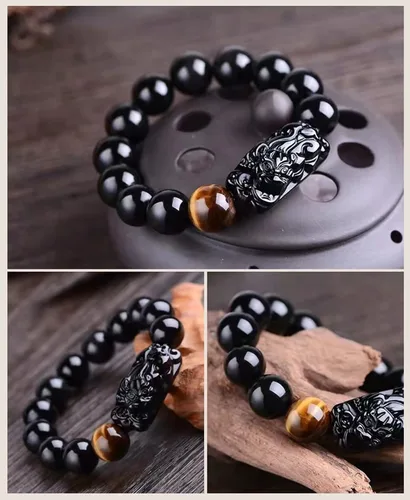 Miniatura 29 de Pulsera de obsidiana negra, pulsera de obsidiana negra Feng Shui para mujeres y hombres, pulsera elástica de obsidiana con piedra de ojo de tigre