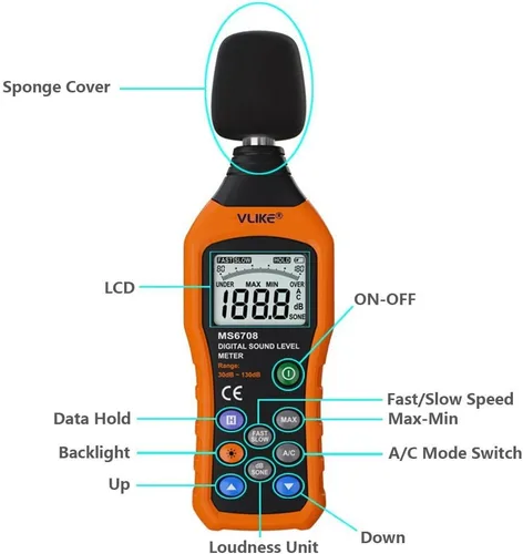 Miniatura 2 de Medidor de nivel de sonido Vlike LCD Digital audio sonido decibeles nivel de ruido Monitor dB Medición de 30 dB a 130 dB de ruido registro de fecha