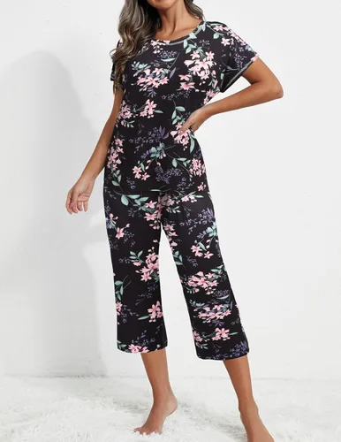 Miniatura 2 de Ekouaer Pijamas de manga corta para mujer, ropa de dormir y pantalones capri, conjuntos de pijama con estampado lindo con bolsillos S-XXL