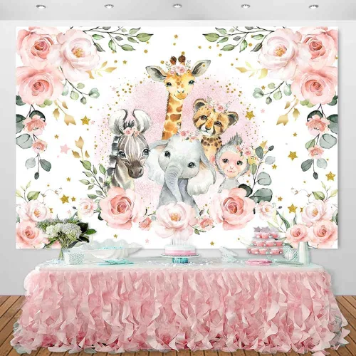 Miniatura 2 de Sensfun Telón de fondo de fiesta de baby shower con texto en inglés "It's A Girl" ("It's A Girl"), diseño floral rosa, animales del zoológico