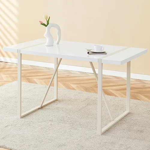 Miniatura 3 de Mesa de comedor rectangular industrial estilo crema para 4 6 personas con parte superior de 1.5 pulgadas de grosor y patas de metal blanco e