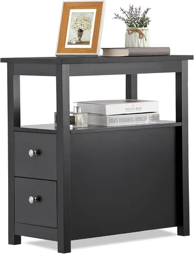 Miniatura 6 de Mesa auxiliar de 3 niveles con 2 cajones y estante de almacenamiento abierto, mesa de madera estrecha, mesita de noche, sofá para el hogar, oficina