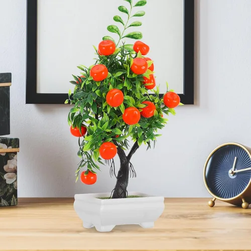 Miniatura 4 de HOMSFOU Árbol de kumquat simulado de imitación naranja bonsái con base de madera, pequeña planta de fruta artificial en maceta para el hogar