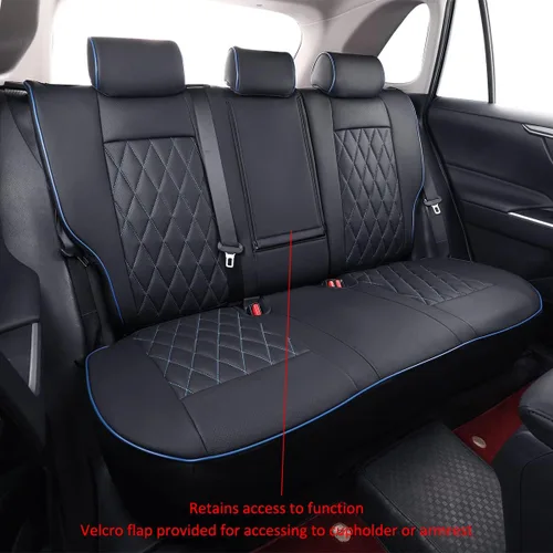 Miniatura 4 de EKR - Juego completo de fundas de asiento de cuero para automóvil de ajuste personalizado (color negro con ribete azul)