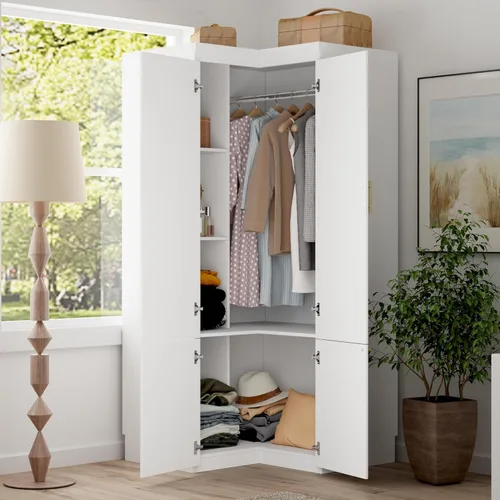 Miniatura 3 de AIEGLE Armario esquinero con cajones, armario de abrigo blanco con puertas, armario alto moderno con barra para colgar para dormitorio