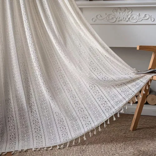 Miniatura 17 de Deeprove Cortinas bohemias para dormitorio, rayas huecas de ganchillo crema y estampado floral, tela de lino de algodón, con borlas beige bohemias