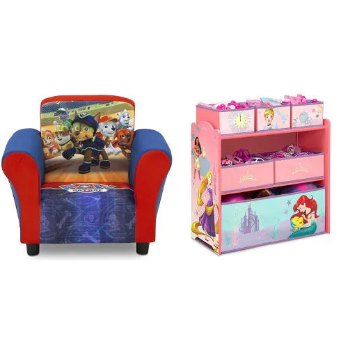 Delta Children Silla tapizada, Nick Jr. PAW Patrol & Design & Store Organizador de almacenamiento de juguetes de 6 compartimientos, Disney Princess