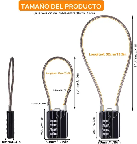 Miniatura 3 de SEPOX® Candado de Combinación de 4 Dígitos Reiniciable Versátil Twins con Cable Extremadamente Largo – Contraseña Personalizada, Cable de Acero