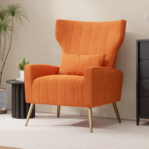 Miniatura 26 de Nebuaegis Silla decorativa de terciopelo con respaldo alado para sala de estar, sillón de respaldo alto con patas doradas, almohada lumbar, sofá