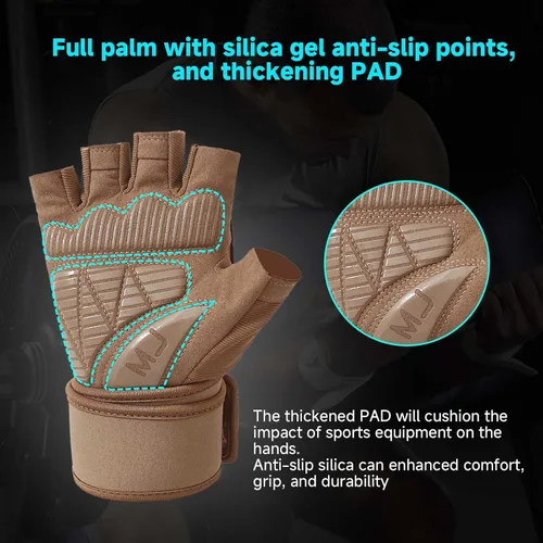 Miniatura 4 de Guantes de entrenamiento para hombre para levantamiento de pesas - Guantes de ejercicio para hombres y mujeres con soporte para muñequera, Marrón