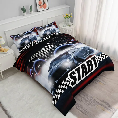 Miniatura 2 de Datura home Juego de ropa de cama con funda de edredón de coche de carreras para niños y adolescentes, impresión 3D a cuadros blanco y negro