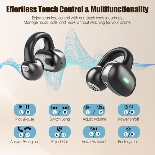 Miniatura 5 de Auriculares de oreja abierta, auriculares Bluetooth 5.4 con clip, auriculares estéreo inalámbricos de 40 horas de reproducción con pantalla digital
