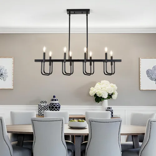 Miniatura 2 de Lámparas rectangulares para comedor sobre la mesa, candelabros modernos de estilo granja para comedor, candelabro lineal negro de 8 luces, luces