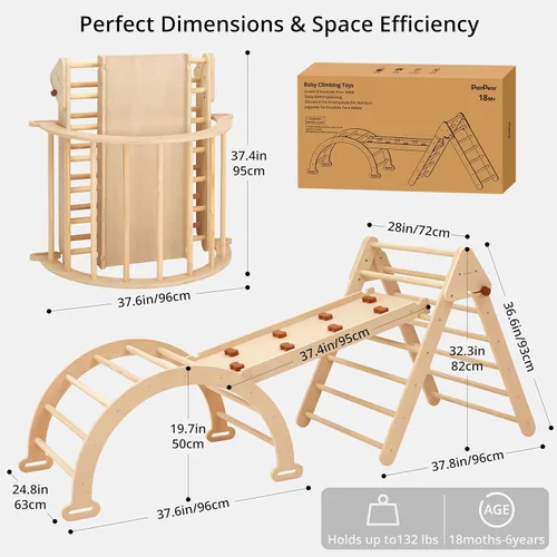 Miniatura 3 de PairPear Pikler - Juego de escalada triangular plegable para niños, 7 en 1, Montessori, grandes juguetes de escalada de madera, gimnasio de selva