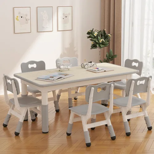 Miniatura 9 de GAOMON - Juego de mesa y 6 sillas para niños, mesa y silla ajustables en altura para niños de 2 a 10 años, escritorio con graffiti, patas Gris
