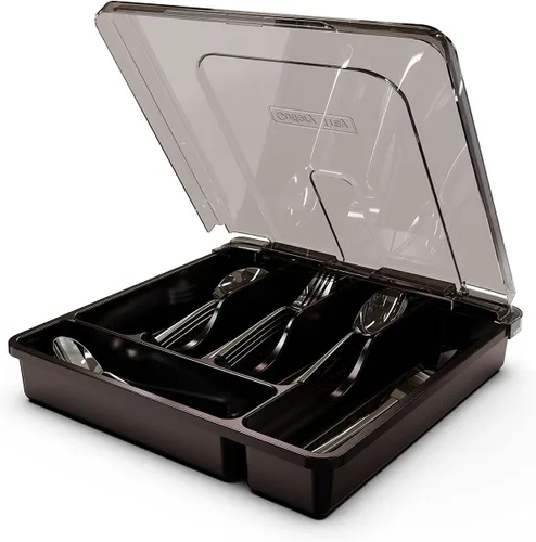 Bandeja para cubiertos con tapa, organizador de cajones para utensilios de cocina, organizador de cubiertos de plástico para encimera de cocina y