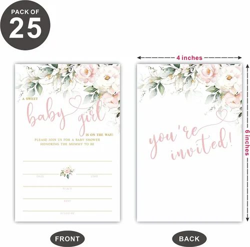 Miniatura 2 de TPYEN Invitaciones florales de acuarela para baby shower, una dulce niña está en camino, 25 tarjetas de invitación de relleno con sobres