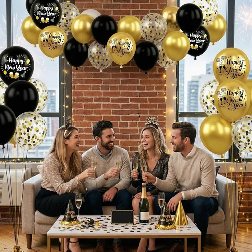 Miniatura 4 de Globos de Feliz Año Nuevo, 50 PCS 12 Pulgadas 2026 Globos Negro Dorado, Globos de Confeti Impresos de Año Nuevo para Decoraciones de Fiesta 2026